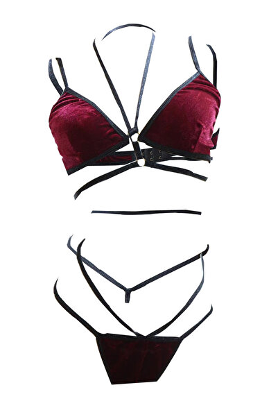 JInsh طقم بيكيني صيفي أنيق وجذاب من المخمل العنابي، بتصميم مزدوج الصدر وحمالا...