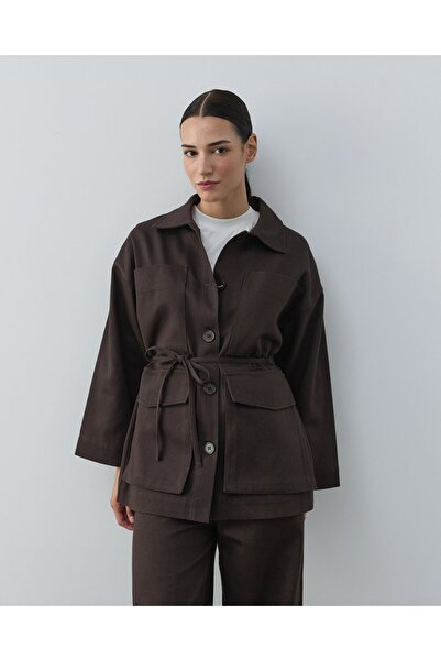 Aybikestil Denim Çok Cepli Düğmeli Ceket Kahve