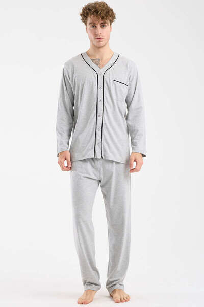 Sementa V-Neck Buttoned Pajama Set - Gray
