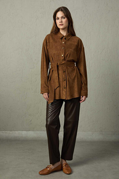 MEZZURA Kadın Belden Bağlamalı Süet Tunik 1513 Kahverengi