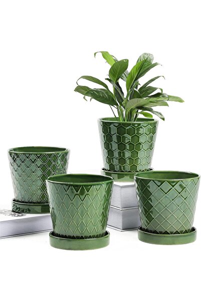 Generic BUYMAX Indoor Ceramic Plant Pots, 5-inch with Drainage Hole & Saucer - Set of 4 (Patina)