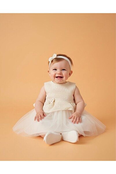 MİNİMONY 0-24 Ay Saç Bantlı Kız Bebek Çocuk Abiye Elbise Ekru 1037