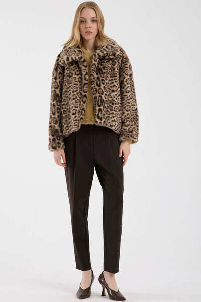 Sementa Leopard Patterned Short Faux Fur Coat - Beige