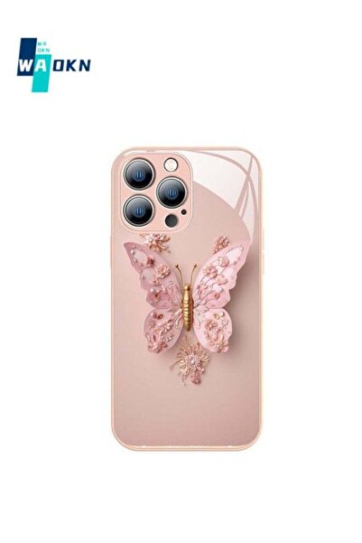 WAOKN iPhone 15 Pro Max Tempered Glass Phone Case - Butterfly (Pink)