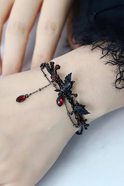 Karakedi Siyah Rose Gotik Karga Kırmızı Taşlı Zincirli Ayarlanabilir Bileklik