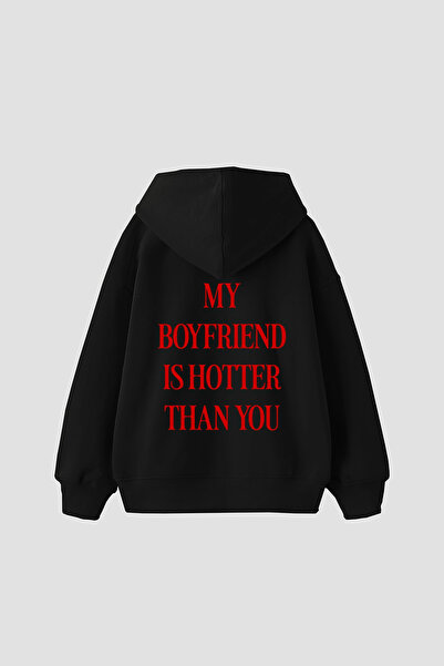 Bak Moda Hot Boyfriend με τύπωμα oversized Unisex Μαύρο φούτερ με κουκούλα