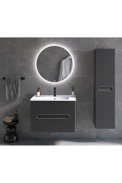 ROSEART BANYO ALMİRA ROSE ANTRASİT 100CM BANYO DOLABI SETİ AYNA + ALT MODÜL + SERAMİK LAVABO + BOY DOLAP
