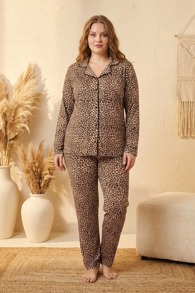 YXL COLLECTION Γυναικείο σετ πιτζάμες με μακρυμάνικο βαμβακερό μεσαίο μέγεθος με ρέλι με λεοπάρ στάμπα με κουμπιά