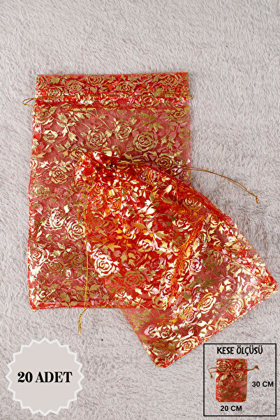 Mortex Kırmızı Baskılı Tül Kese 20 Adet 20x30 Cm Kına, Havlu, Terlik,Seccade,...