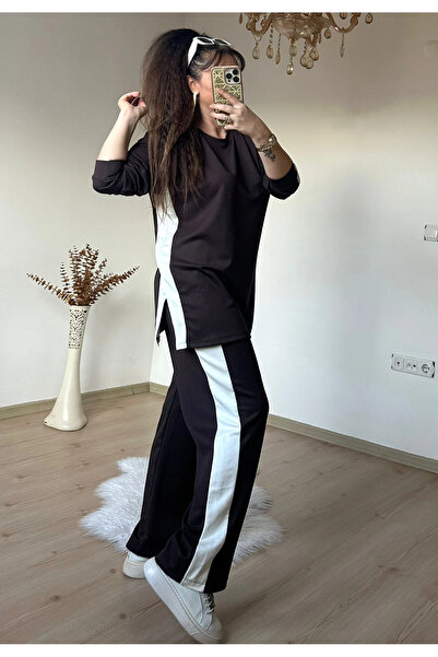 AZRA BUTİK Costum cu dungi albe laterale, maro