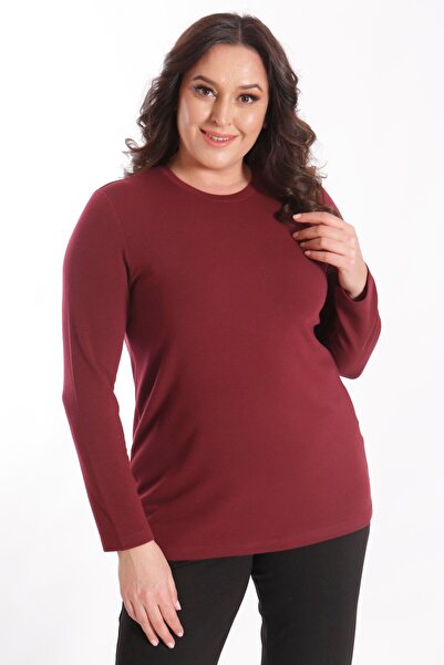 SERTUĞ Trend42Plus Plus Size Basic Crew Neck Burgundy Blouse