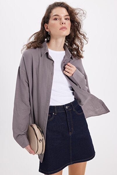 Tudors Women's Oversized wide cut 100% cotton muslin fabric long sleeve textured gray shirt with pockets