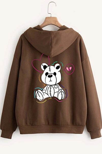 Know Unisex Kahverengi Sweet Bear Baskılı Kapşonlu Fermuarlı Hırka