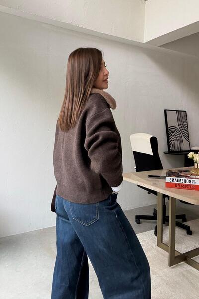 ELVAN TOLON سترة بسحاب وياقة من الفرو البني