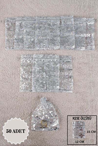 Mortex Gümüş Baskılı Tül Kese 50 Adet 12x15 Cm Kına, Çerez, Kuruyemiş, Hediye...