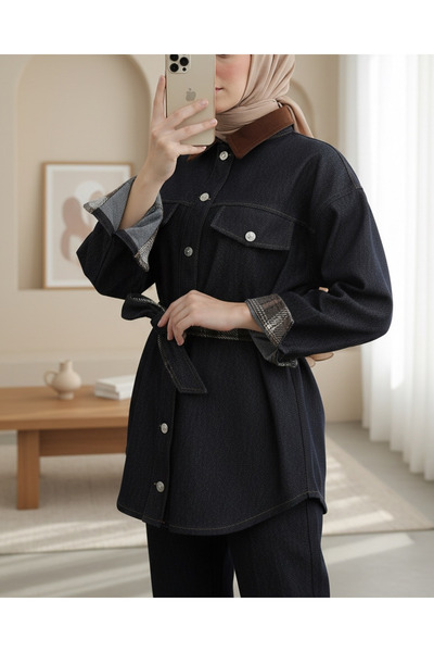 Modamorfo Women's Plaid Detailed Denim Jacket - 32413Ckt