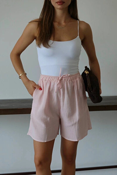 Butik Müslin kumaş şort bağcıklı pembe pt