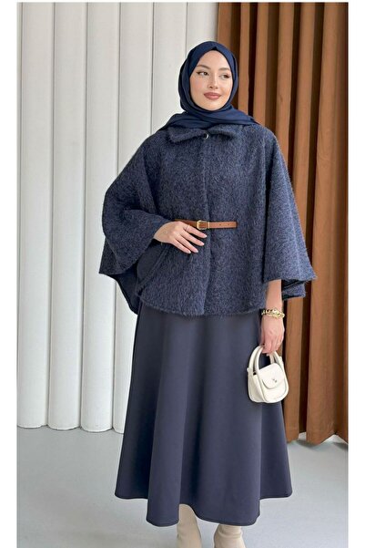 SAYRA Düğmeli Kemer Detaylı Kırçıllı Kaşe Pelerin Panço-LACİVERT