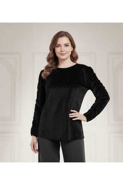 Volupta Women's velvet blouse with draped sleeves and shiny appliqués