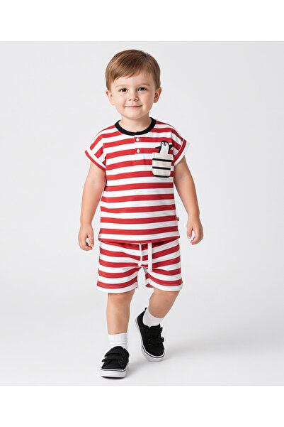 Bonfino طقم تيشيرت هنلي بدون أكمام وشورت كارغو من القطن الخالص 100%، بتصميم بطريق، باللونين الأبيض والأحمر.