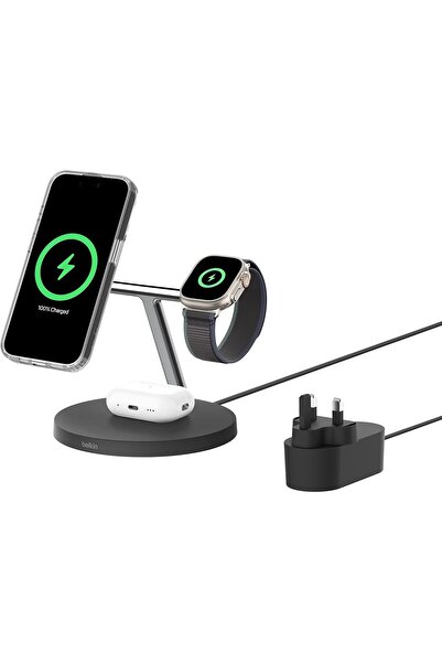 Belkin محطة الشحن اللاسلكي BoostCharge 3 في 1 المتوافقة مع Qi2 MagSafe - أسود