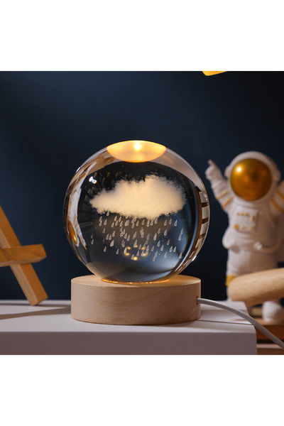 Generic 3D Crystal Ball Night Light Tabletop Ornament with Wooden Base, Decorative Lamp