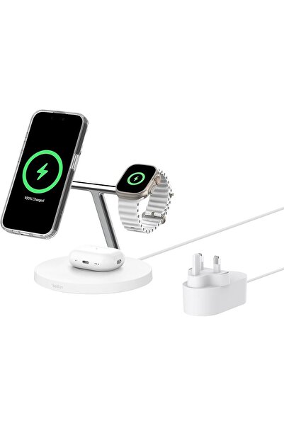 Belkin محطة الشحن اللاسلكي BoostCharge 3 في 1 المتوافقة مع Qi2 MagSafe - أبيض