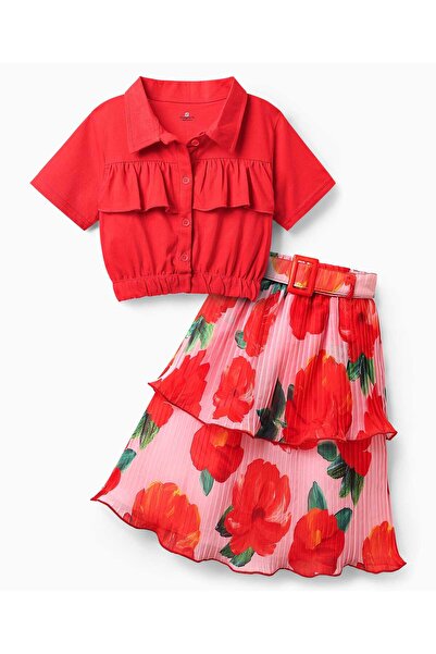 Ollington St. بلوزة قطنية محبوكة بنصف كم وتنورة منسوجة بطبعة زهور - أحمر ووردي