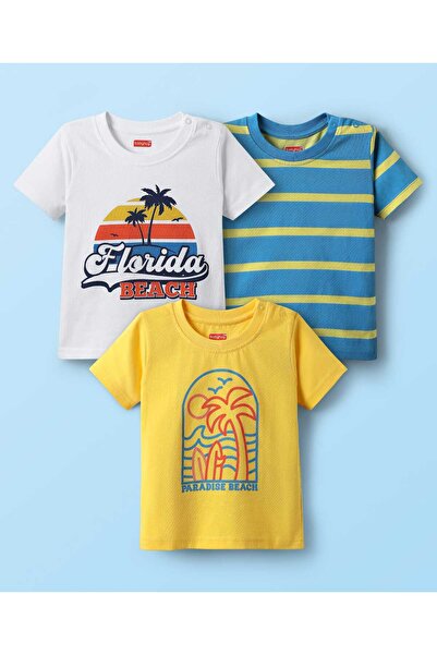 Babyhug Half Sleeves T-Shirts with Beach Theme Print & Stripes (Pack of 3) - Multicolor