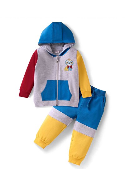Babyhug Terry Knit Cut & Sew Hooded T-Shirt & Lounge Pants Set Animal Print - Blue, Yellow & Grey
