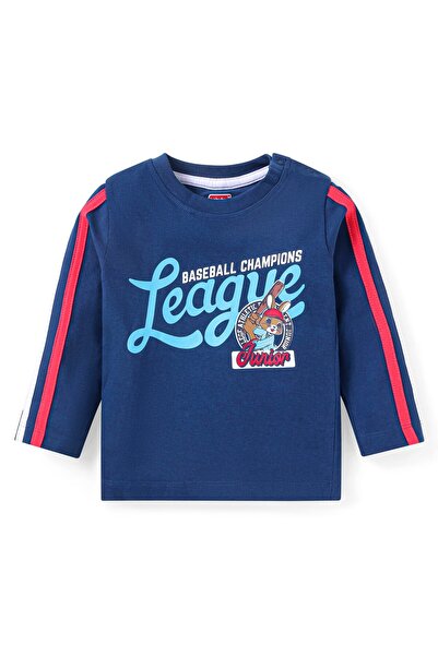 Babyhug Full Sleeves Top With Text & Animal Print - Navy Blue