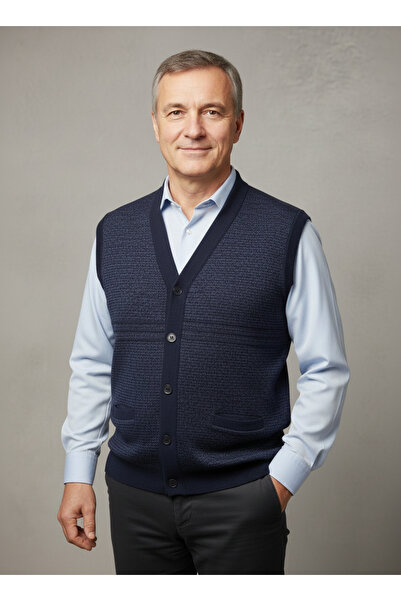 nacar çarşı Erkek Lacivert Detaylı Düğmeli Çelik Örgü Yelek - Rahat Kalıp Triko