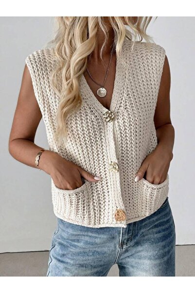 ATE ÖZGÜNEŞ TRİKO TEKSTİL Women'S, Rib Knit V-Neck Buttoned Cardigan, Vest