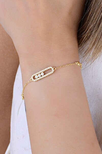 Söğütlü Silver 925 Ayar Gümüş Bileklik Altın Kaplama hareketli zirkon taşlı u...