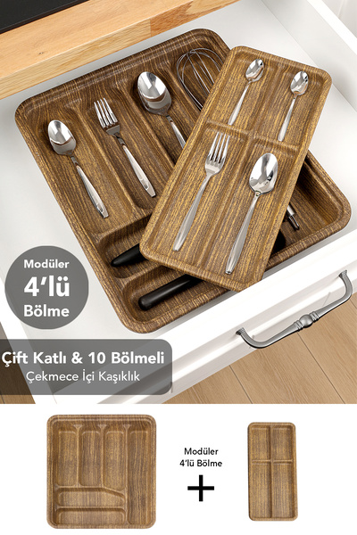 Meleni Home 10 Bölmeli Çekmece İçi Kaşıklık - İki Katlı Modüler Parçalı Çekmece Düzenleyici Organizer 31x36 cm