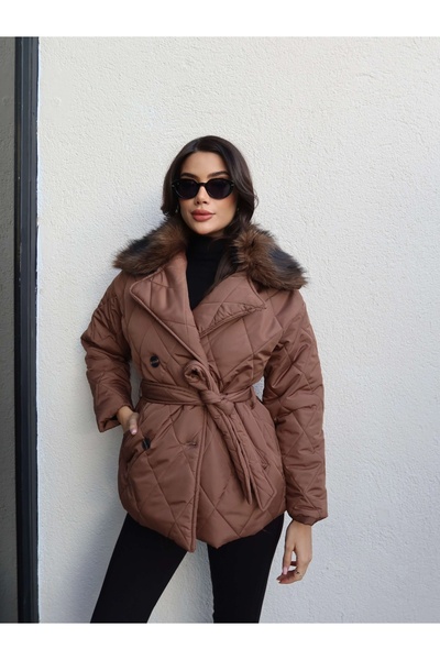 ESRAHELVACI Baklava Pattern Collar Fur Padded Coat