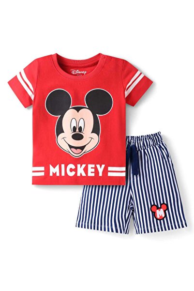 Babyhug Disney طقم تيشيرت من قماش جيرسي ناعم وشورت مخطط برسومات ميكي ماوس وتف...