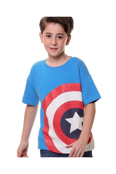 Pine Kids Marvel تيشيرت قطني محبوك بنصف كم وقصة قصة فضفاضة برسومات كابتن أمري...