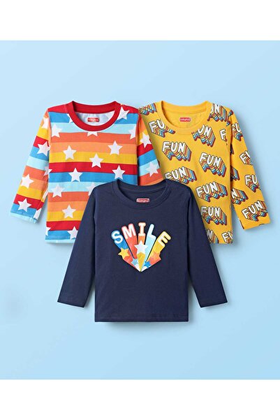 Babyhug 100% Knit Full Sleeves T-Shirts with Star & Text Print Pack of 3 - Yellow & Navy Blue