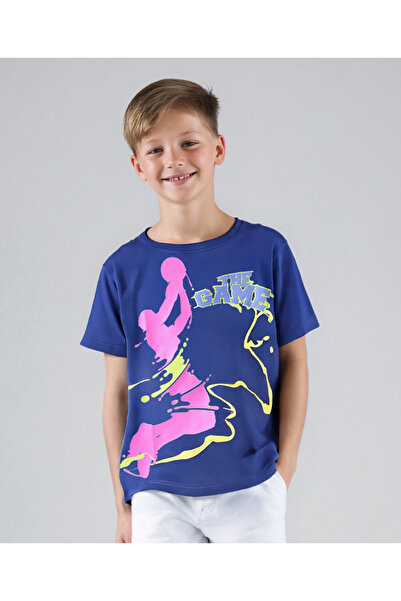 Pine kids Cotton Knit Half Drop Shoulder Sleeves T-Shirt With Basketball Theme Print - Purple