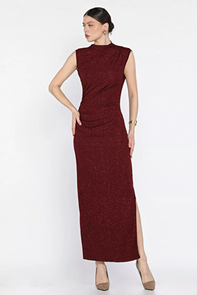 ZehraGül Bordo Sim Detaylı Drapeli Abiye Elbise