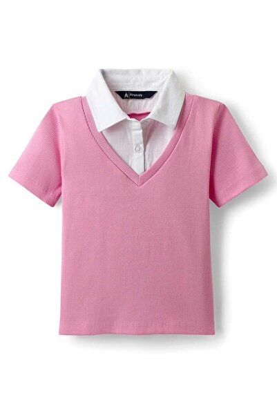 Pine kids Cotton Knit Half Sleeves Solid Color Collar Top - Pink and White