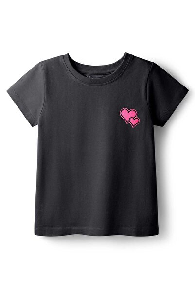 Pine kids Cotton Knit Half Sleeves T-Shirt With Heart Print - Black
