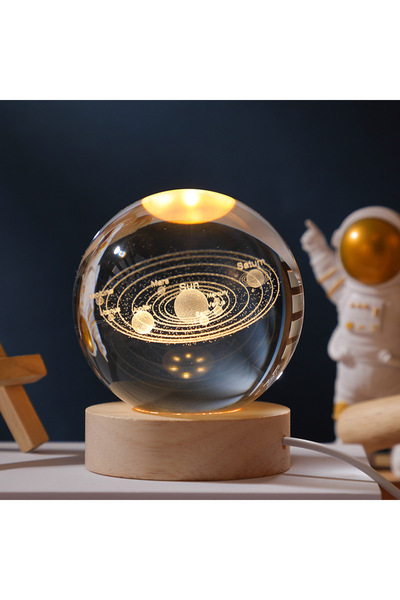 Generic 3D Crystal Ball Night Light Tabletop Ornament with Wooden Base, Decorative Lamp