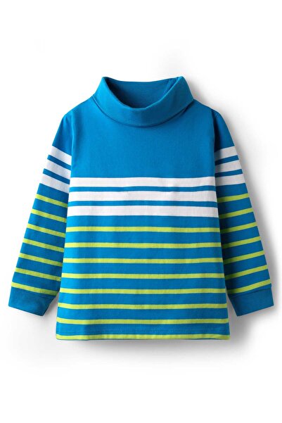 Babyhug Cotton Knit Full Sleeves Winter T-Shirt with Turtle Neck & Stripes - Green & Blue