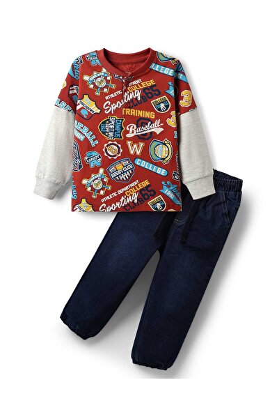 Babyhug طقم مكون من بلوزة مطبوع بأكمام طويلة من قماش جيرسي ناعم وبنطال جينز -...