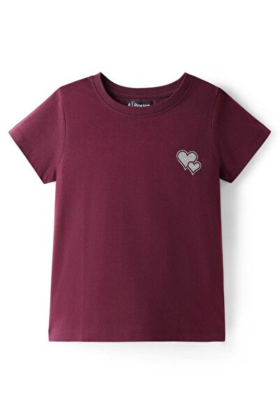 Pine kids Cotton Knit Half Sleeves T-Shirt With Heart Print - Maroon