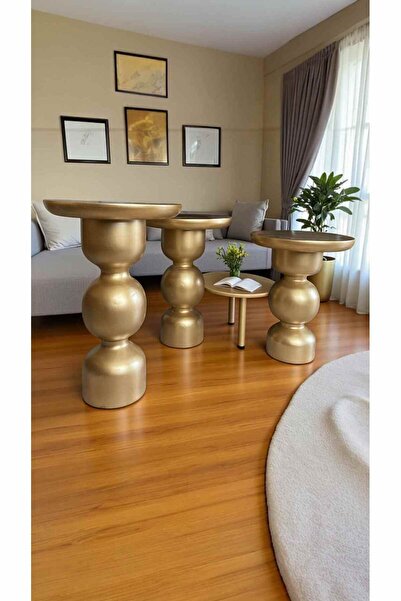 Simillo Home&Living Ahşap Mantar Sehpa 3’lü Altın Renk Doğal Zigon ve Fiskos