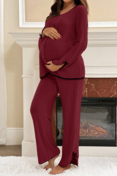 Miss Dünya Lissa Bordo Soft Elegance Soft Buttoned Adjustable Waist Maternity Pajama Set