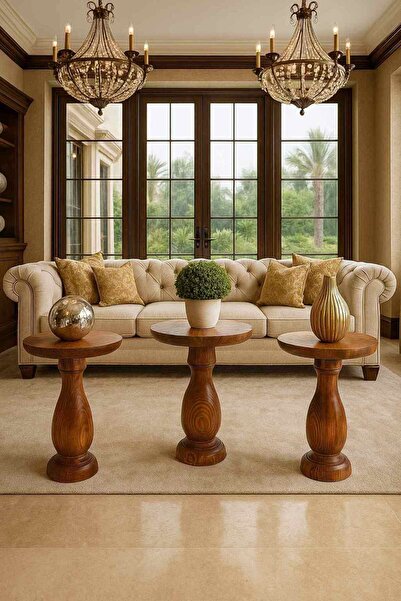 Simillo Home&Living Masif Ahşap Mantar Sehpa 3’lü Set Meşe Renk Modern Zigon ...